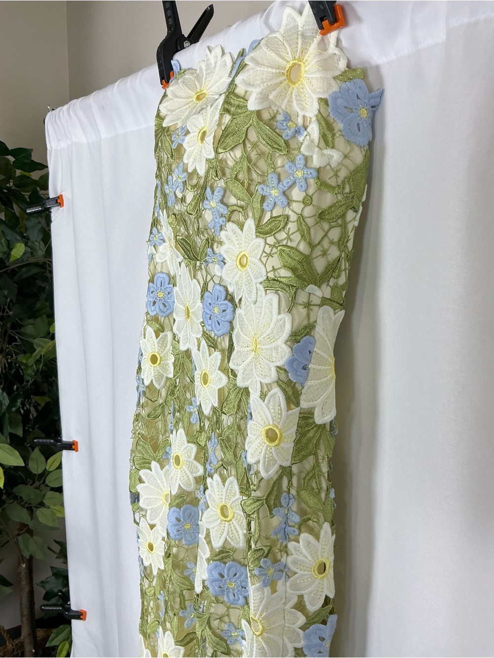 Dessy Collection Strapless Daisy Lace Midi Dress in Green & White - Picture 3 of 6